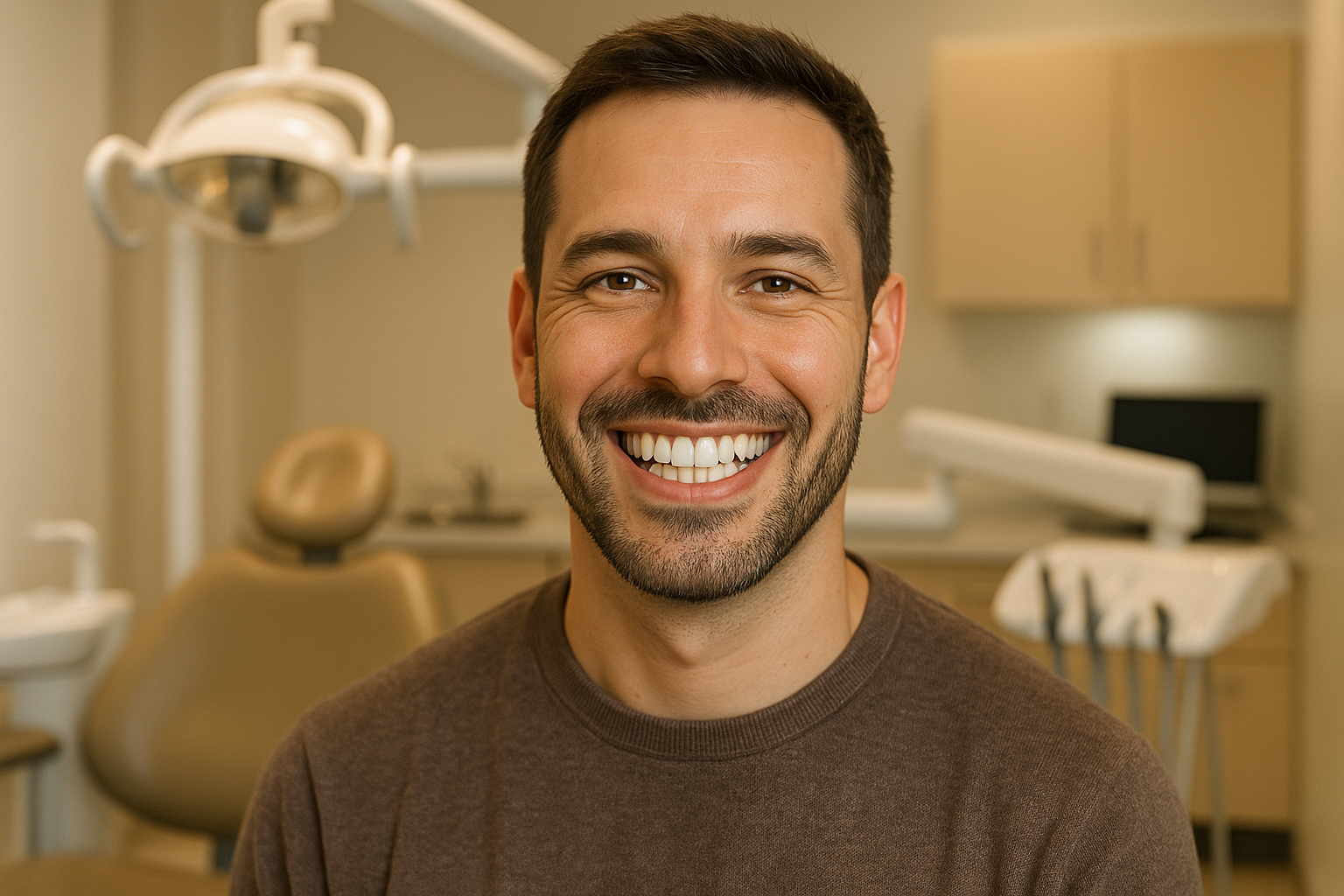 Patient with beautiful smile after dental implants at Lakewood Dental